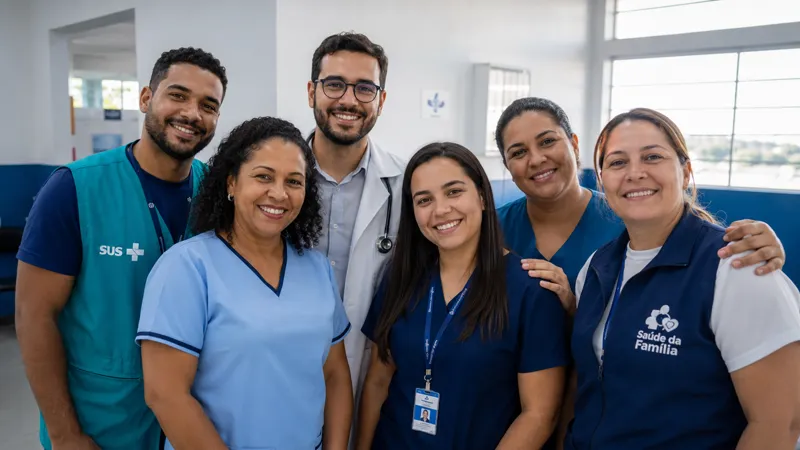 Equipe multiprofissional da Saúde da Família e SUS em uma UBS, pronta para atender a comunidade
