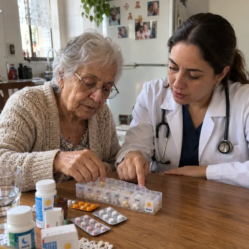 Profissional da APS orientando paciente idosa sobre medicação