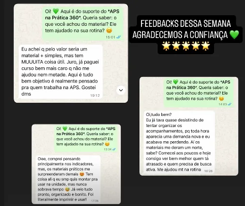 Feedbacks de alunas no WhatsApp elogiando o material APS na Prática 360
